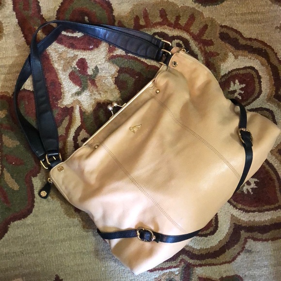EMMA FOX Large Leather Hobo Shoulder Bag KissLock British Tan Black Elegant Luxe - Picture 9 of 16